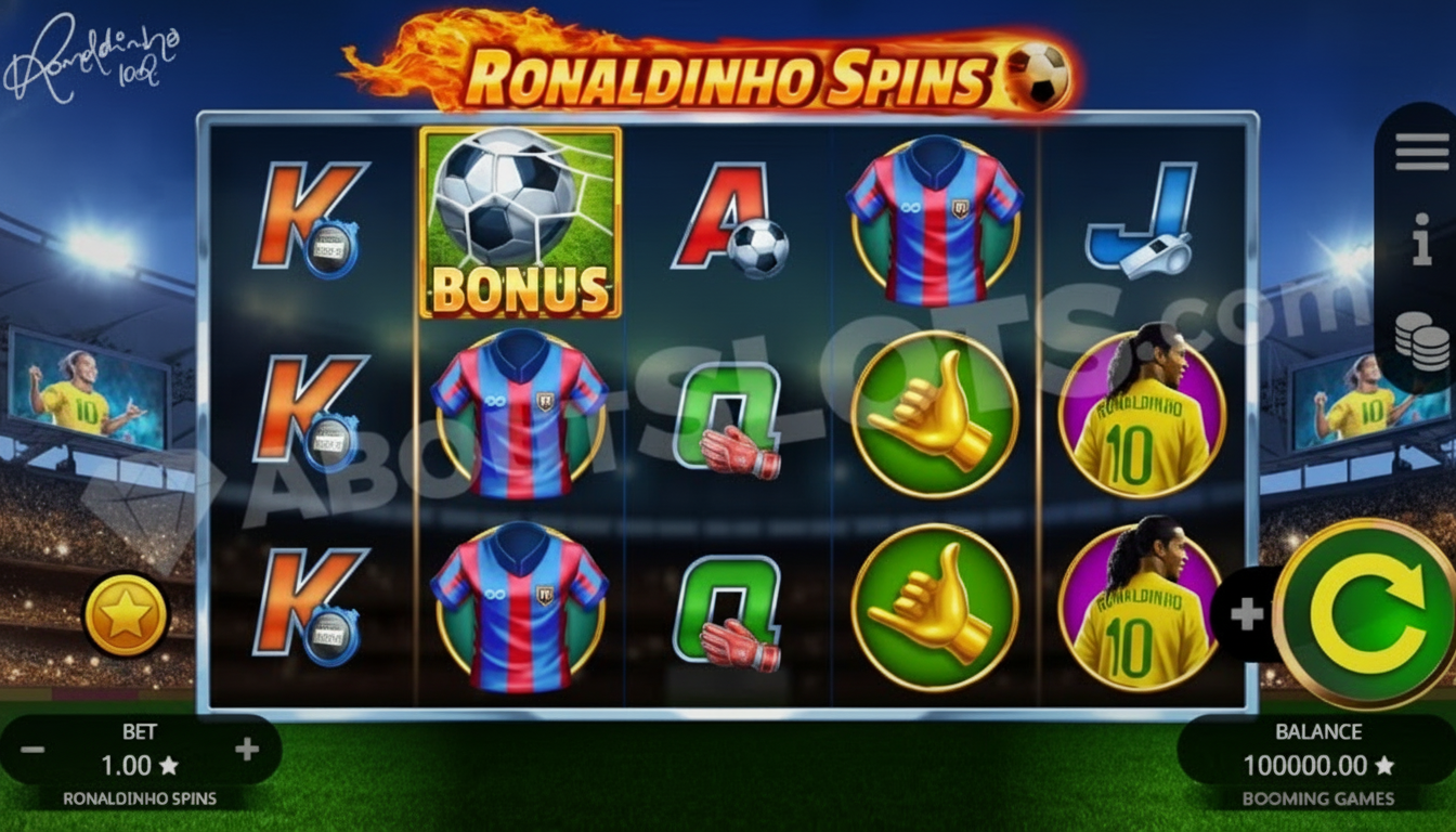 Ronaldinho Spins Screenshot - Rolos com wild expansivo no rolo 3 e multiplicador ativo